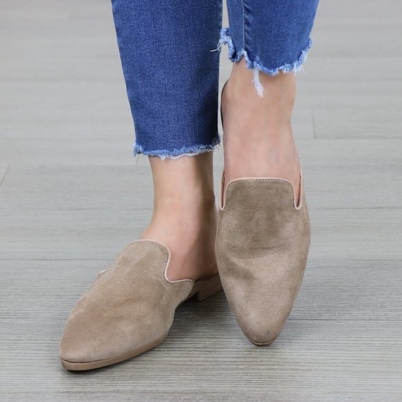 Tan Suede Pointy Toe Slip On Mule Loafers - Picture 7 of 8